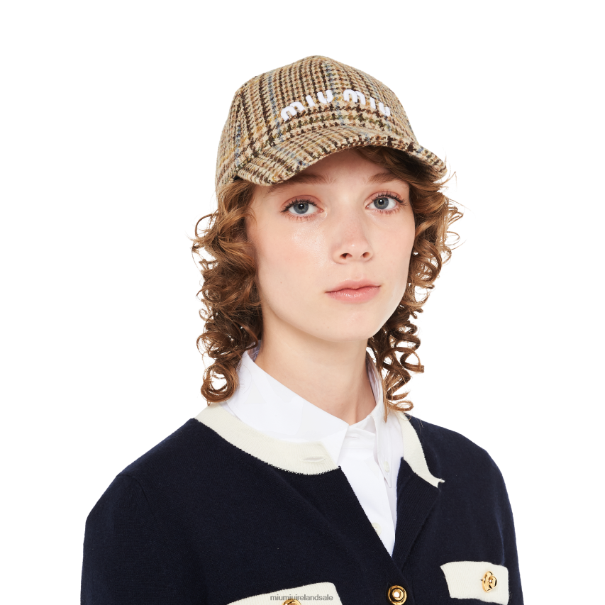 IE Miu MiuAccessories Plaid Shetland Wool Baseball Cap Cocoa Brown XJN62J1190