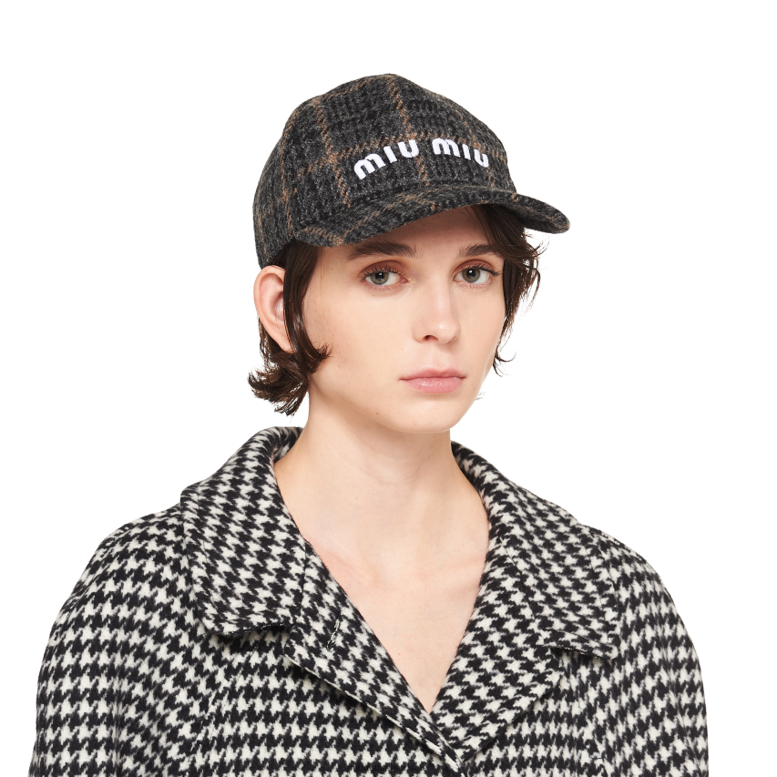 IE Miu MiuAccessories Plaid Shetland Wool Baseball Cap Ebony XJN62J1191