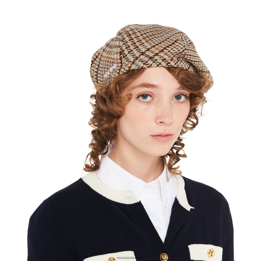 IE Miu MiuAccessories Plaid Shetland Wool Beret Cocoa Brown XJN62J1192