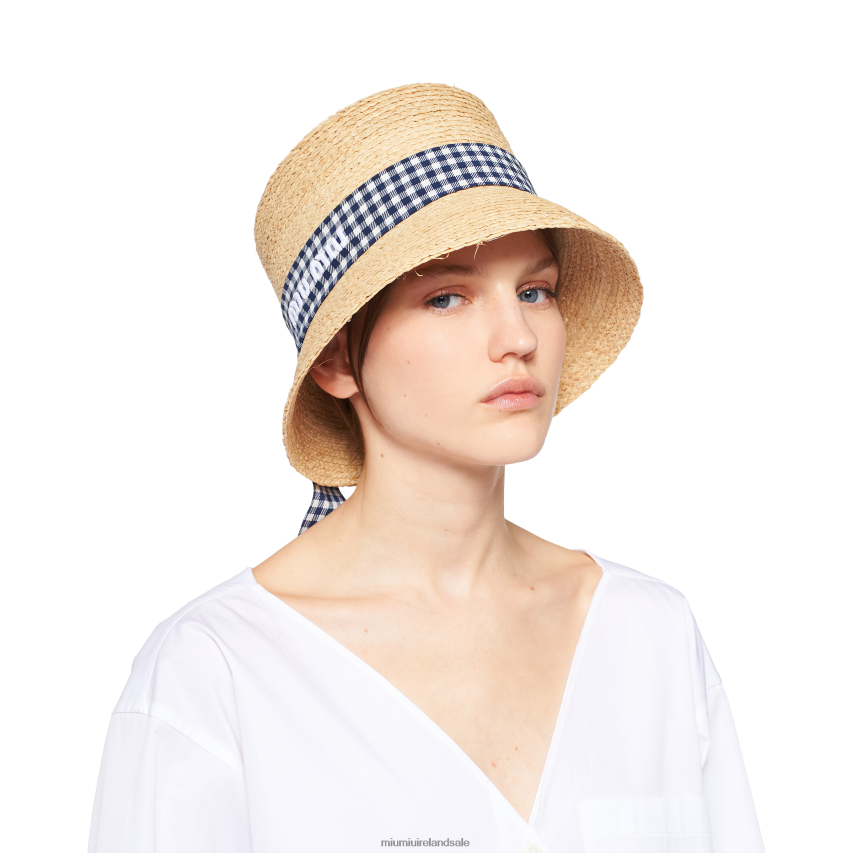 IE Miu MiuAccessories Raffia Bucket Hat Beige/Blue XJN62J1214