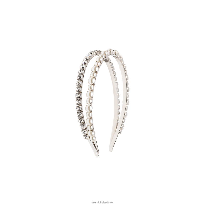 IE Miu MiuAccessories Headband With Crystals And Pearls Cream/Cristal XJN62J1173