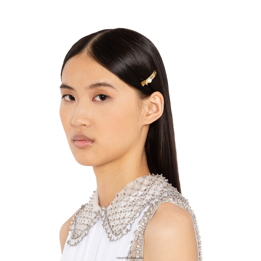 IE Miu MiuAccessories Logo Hair Clips Gold/Cream XJN62J1158