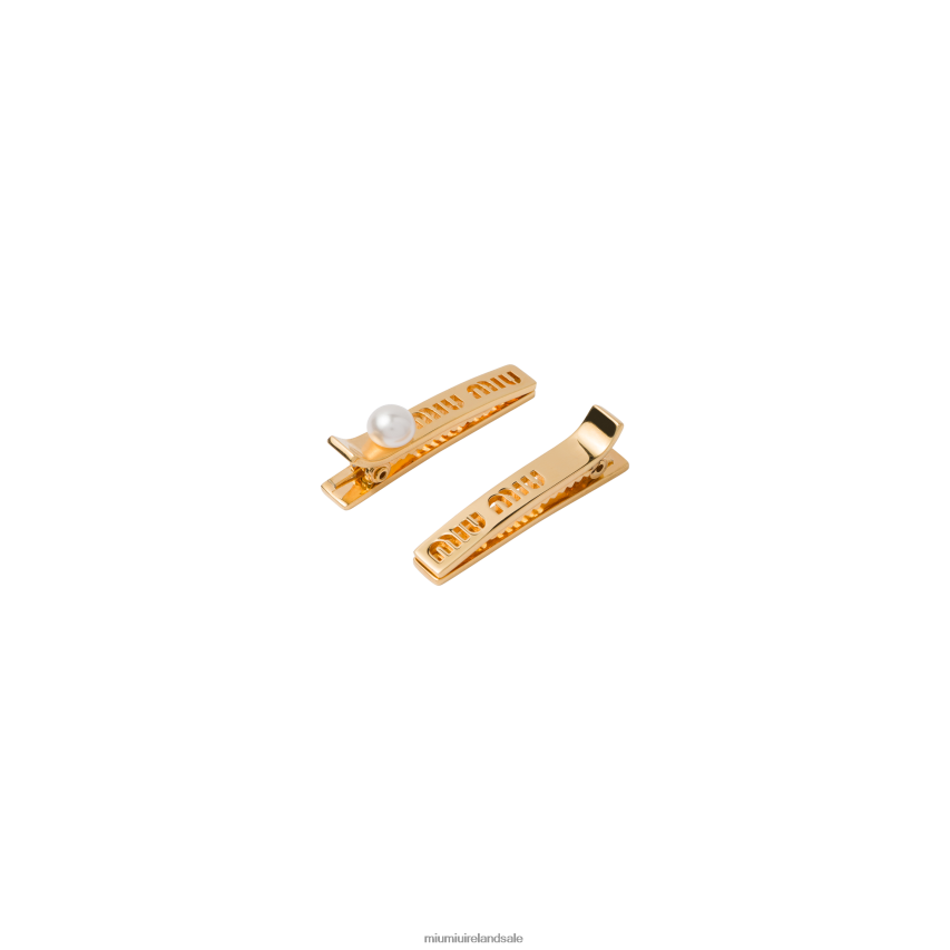 IE Miu MiuAccessories Logo Hair Clips Gold/Cream XJN62J1158