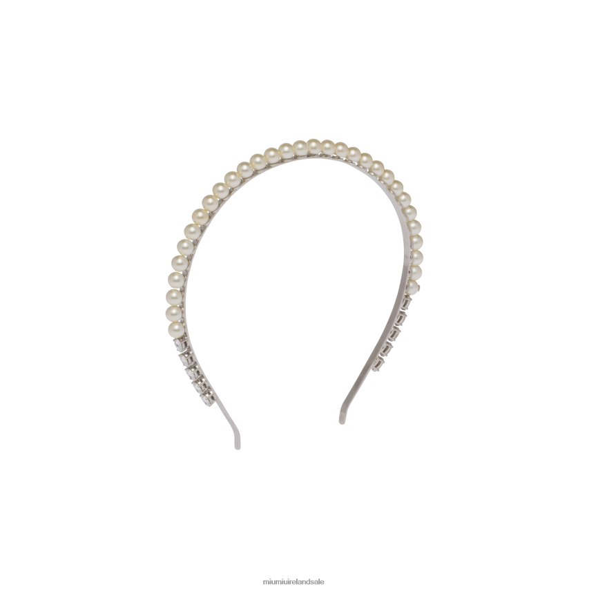 IE Miu MiuAccessories Metal Headband With Pearls And Crystals Cream XJN62J1174