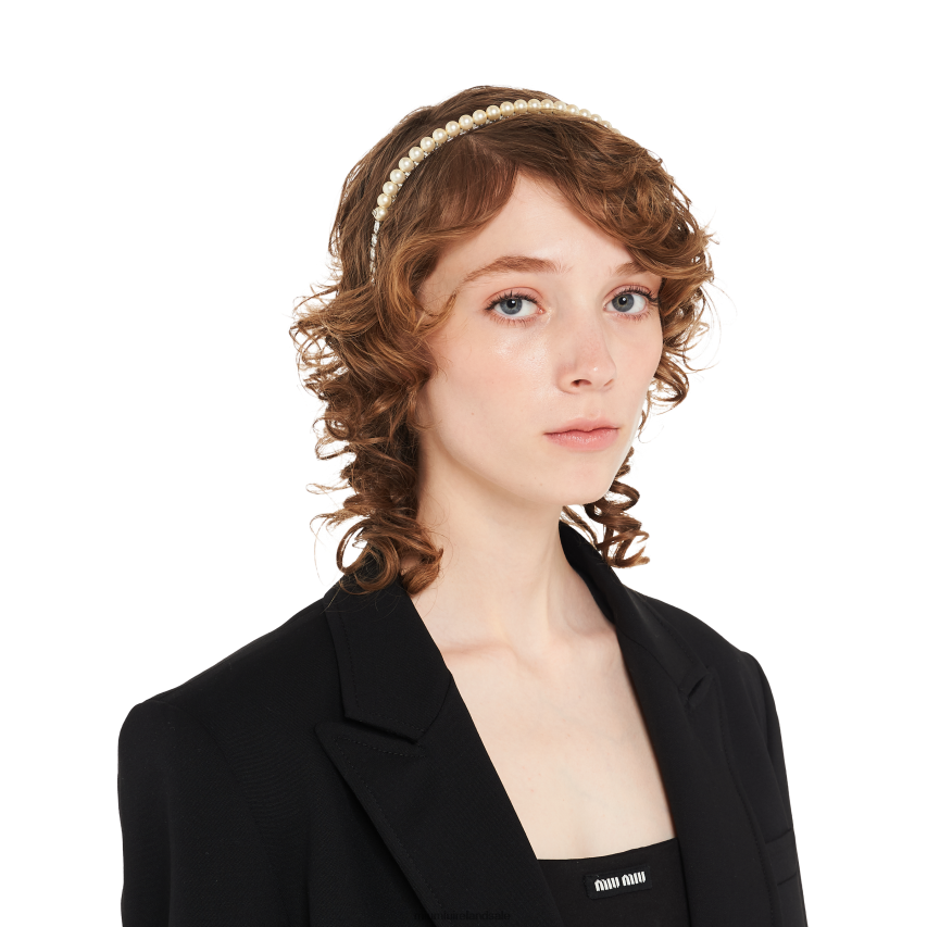 IE Miu MiuAccessories Metal Headband With Pearls And Crystals Cream XJN62J1174