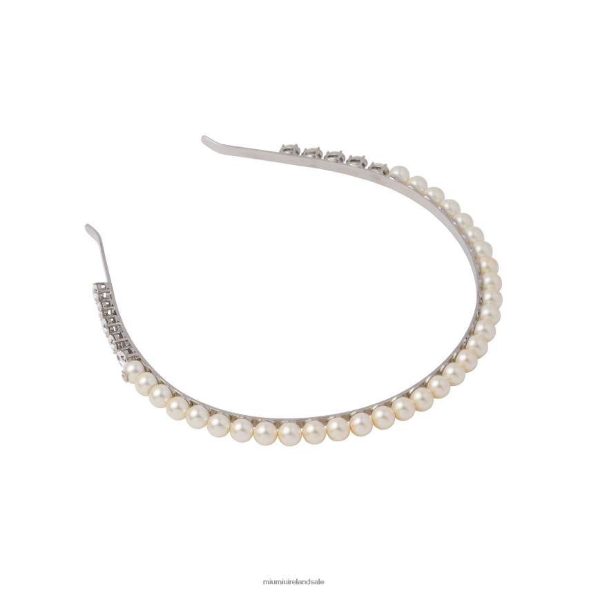 IE Miu MiuAccessories Metal Headband With Pearls And Crystals Cream XJN62J1174