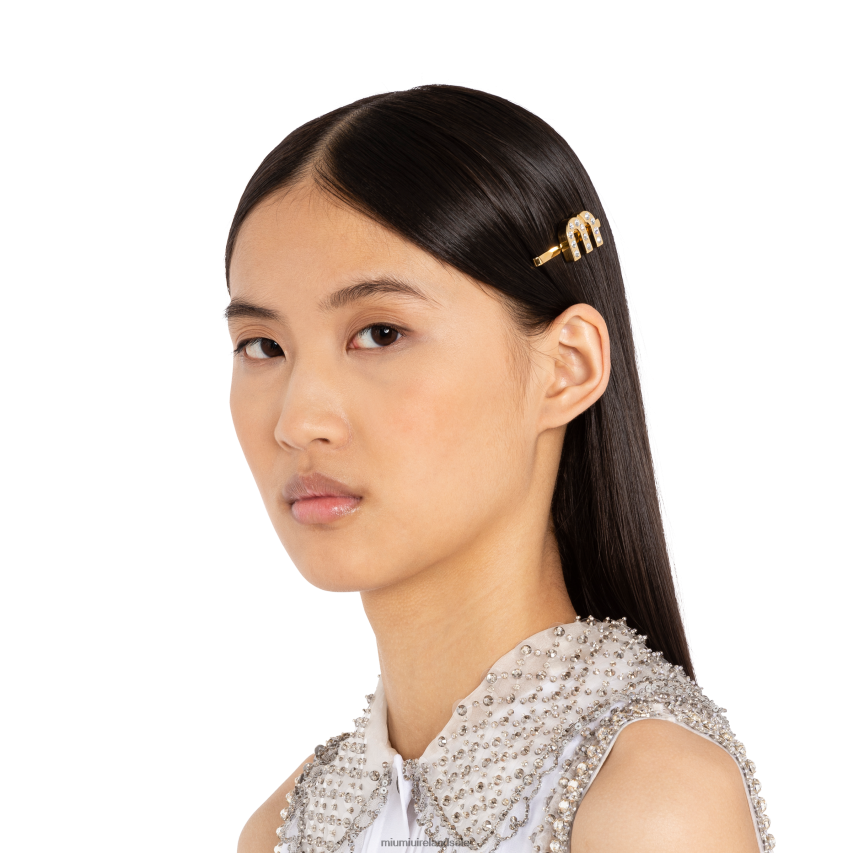 IE Miu MiuAccessories Plexiglas And Metal Hair Clip Gold/Crystal XJN62J1161