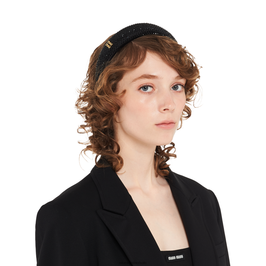 IE Miu MiuAccessories Satin Headband With Crystals Black XJN62J1156