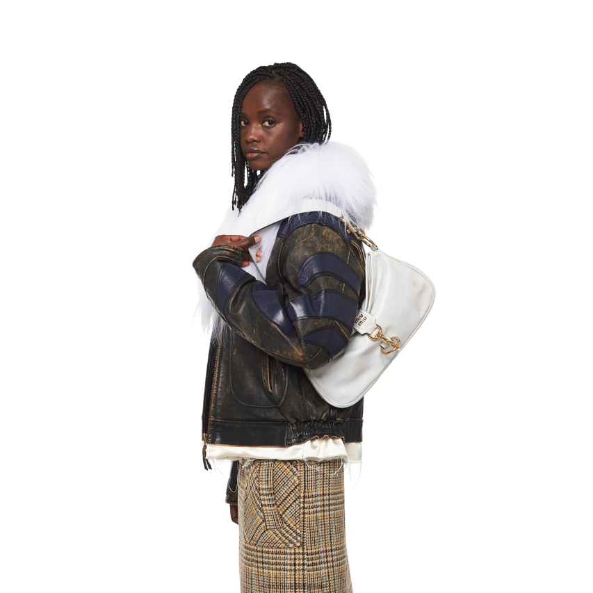 IE Miu MiuCollection Leather Shoulder Bag With Snap Hook Sand/White XJN62J95