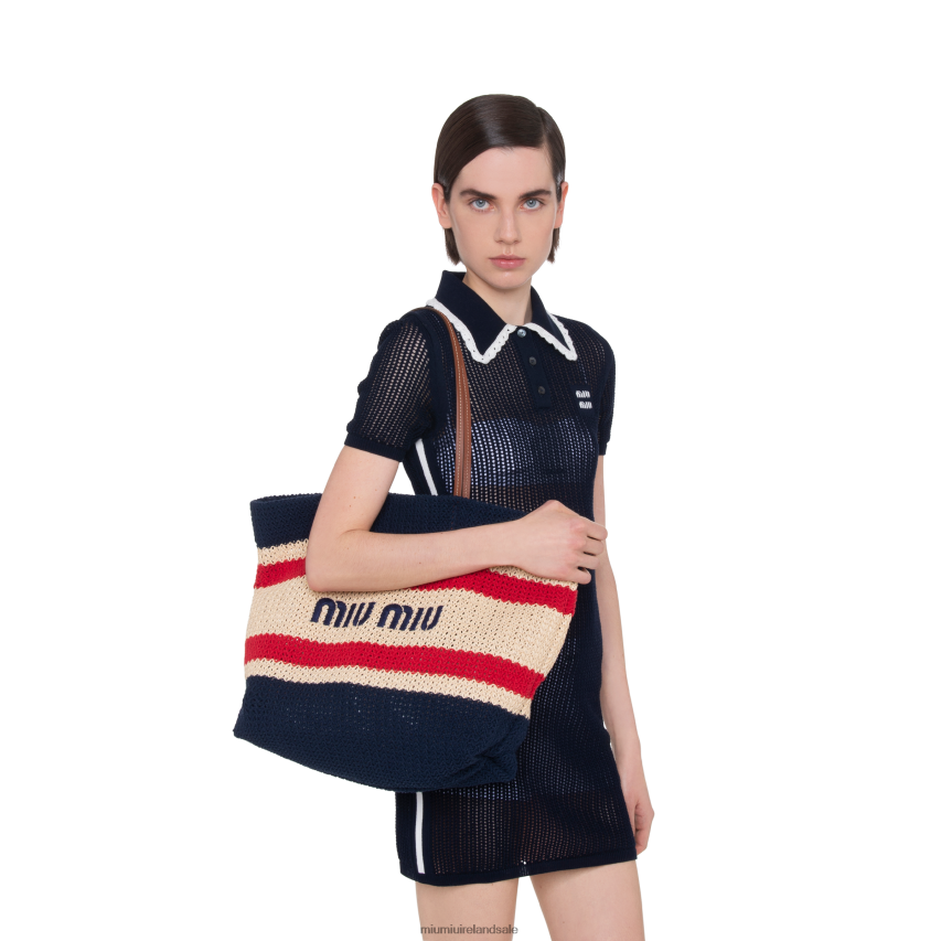 IE Miu MiuCollection Raffia And Cotton Tote Bag Beige/Blue XJN62J127