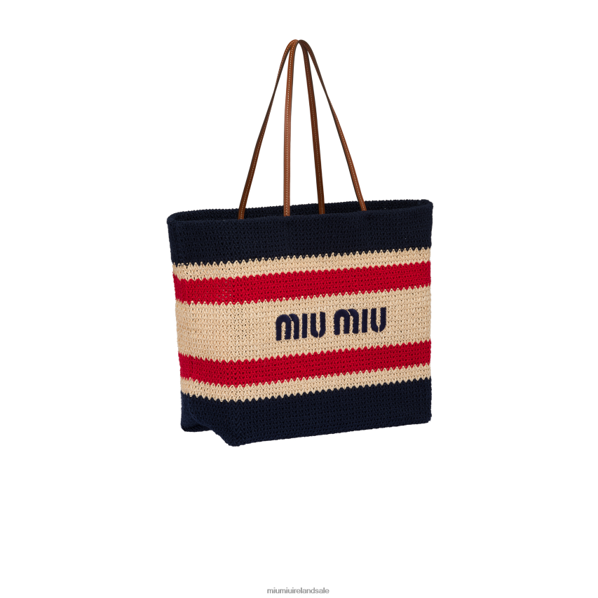 IE Miu MiuCollection Raffia And Cotton Tote Bag Beige/Blue XJN62J127