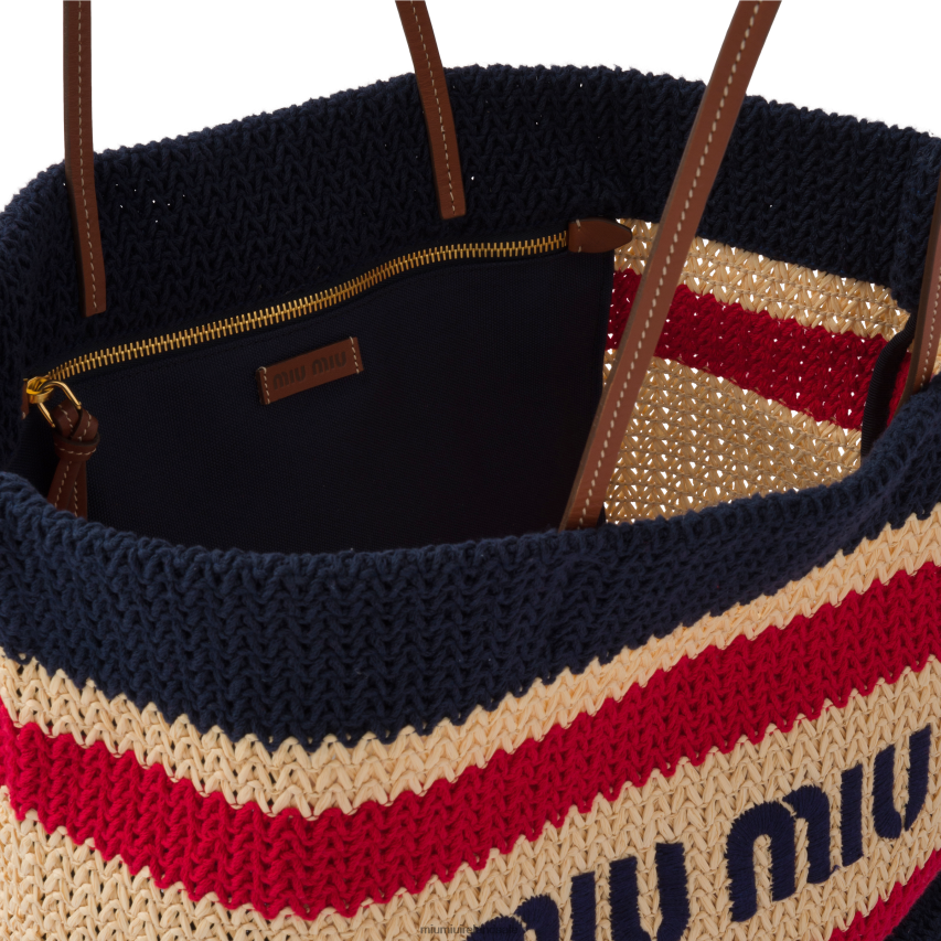IE Miu MiuCollection Raffia And Cotton Tote Bag Beige/Blue XJN62J127