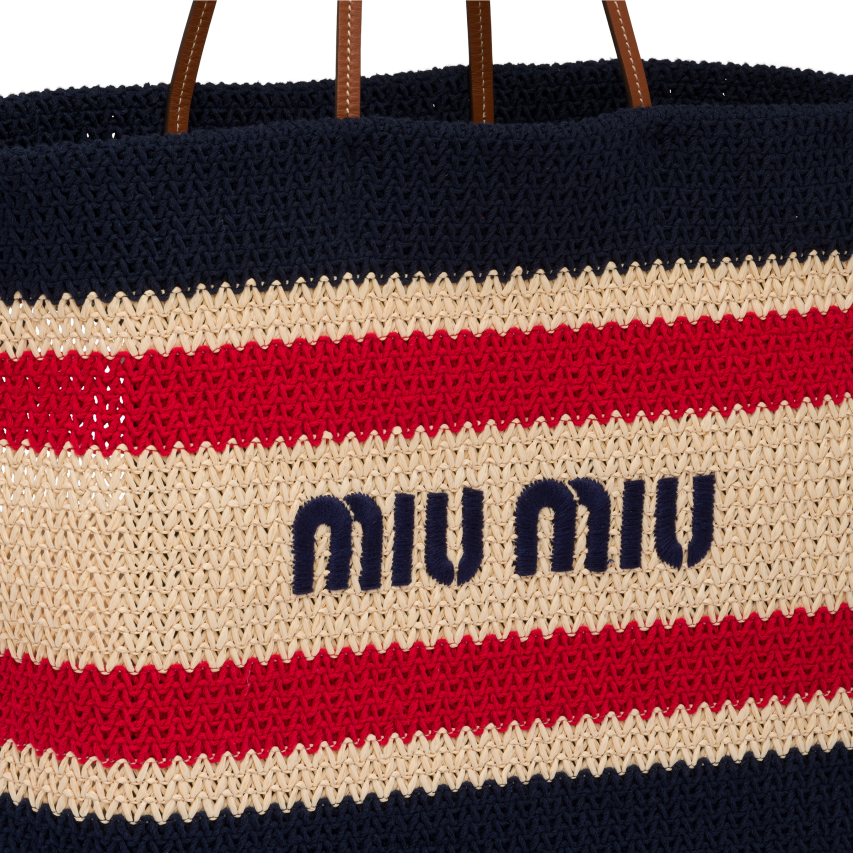IE Miu MiuCollection Raffia And Cotton Tote Bag Beige/Blue XJN62J127