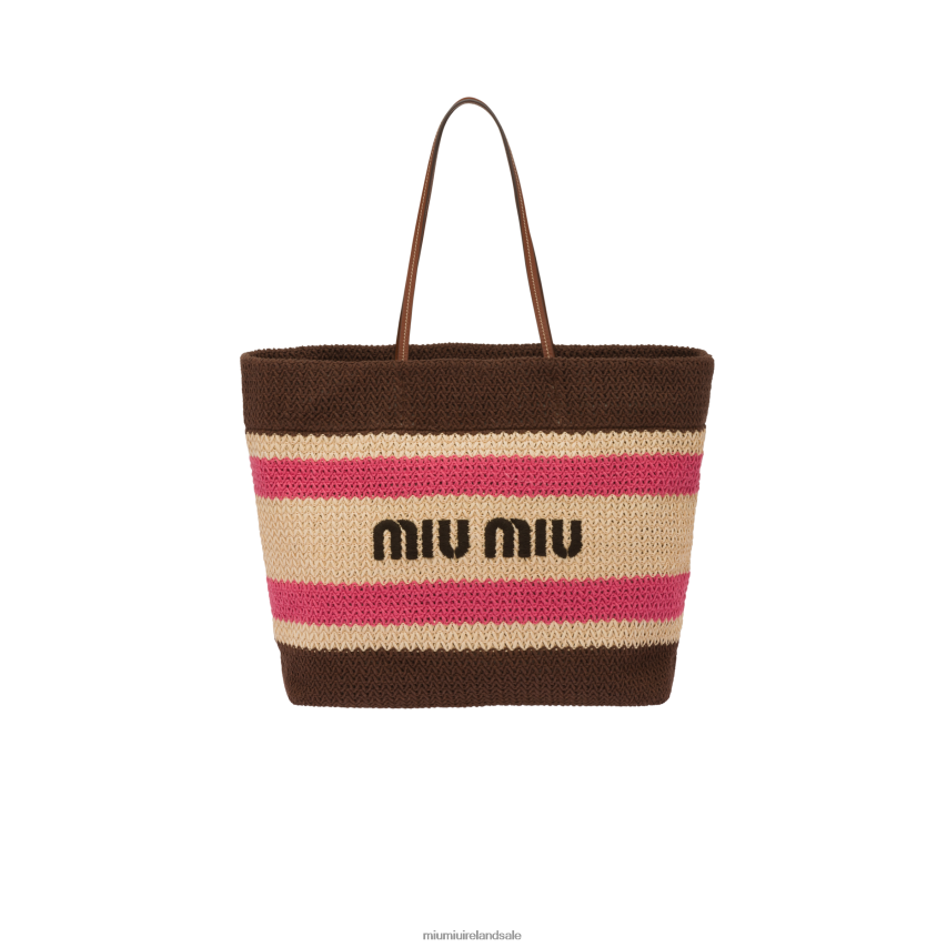 IE Miu MiuCollection Raffia And Cotton Tote Bag Beige/Dark Brown XJN62J132