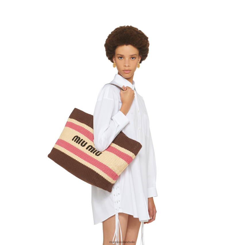 IE Miu MiuCollection Raffia And Cotton Tote Bag Beige/Dark Brown XJN62J132