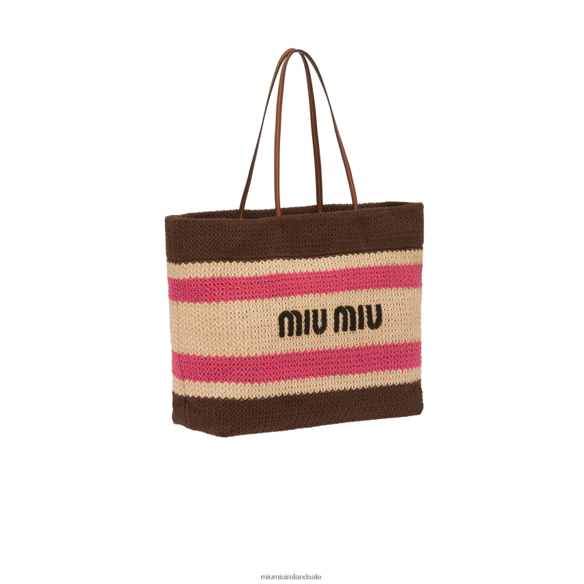 IE Miu MiuCollection Raffia And Cotton Tote Bag Beige/Dark Brown XJN62J132