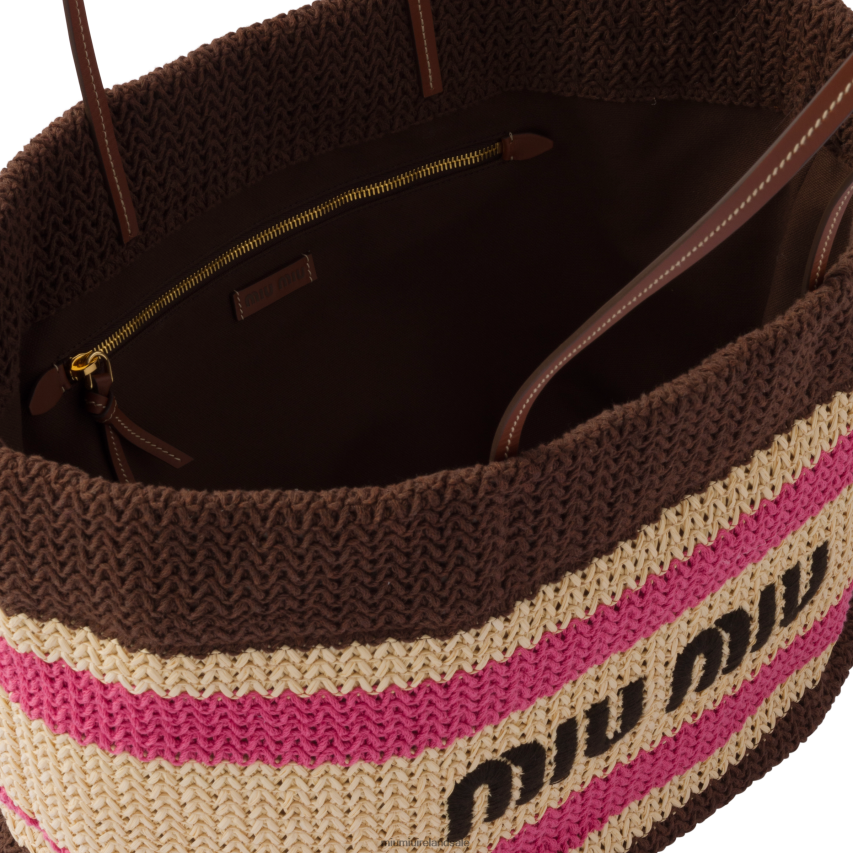 IE Miu MiuCollection Raffia And Cotton Tote Bag Beige/Dark Brown XJN62J132