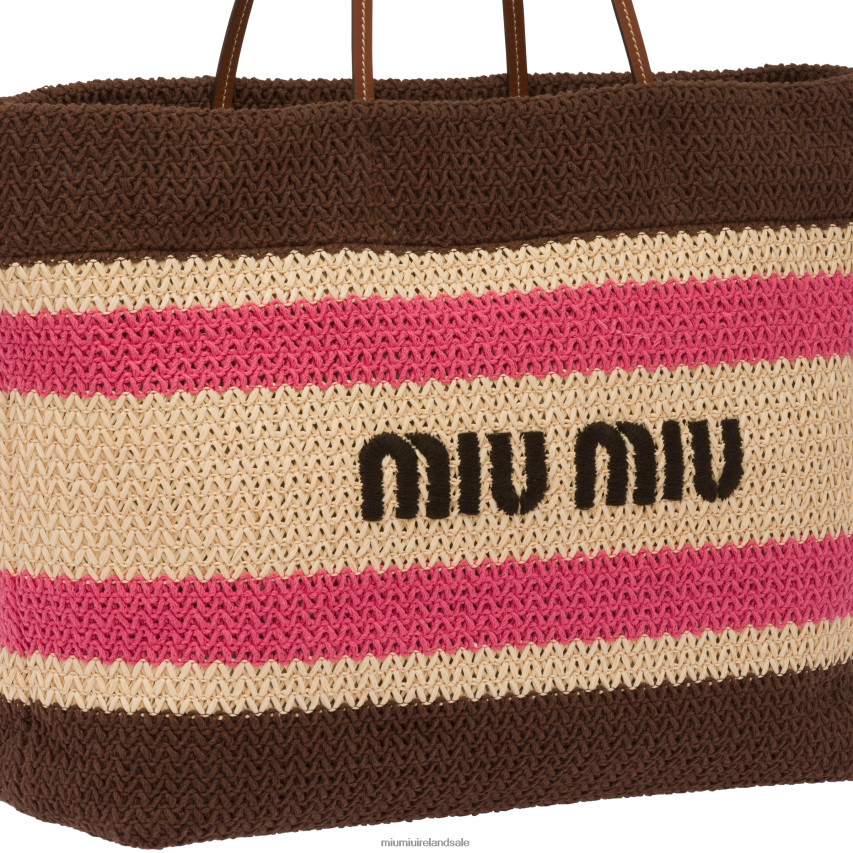 IE Miu MiuCollection Raffia And Cotton Tote Bag Beige/Dark Brown XJN62J132