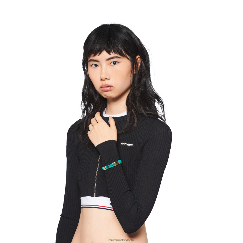 IE Miu MiuJewels Nappa Leather And Metal Bracelet With Logo Peacock Blue XJN62J1347