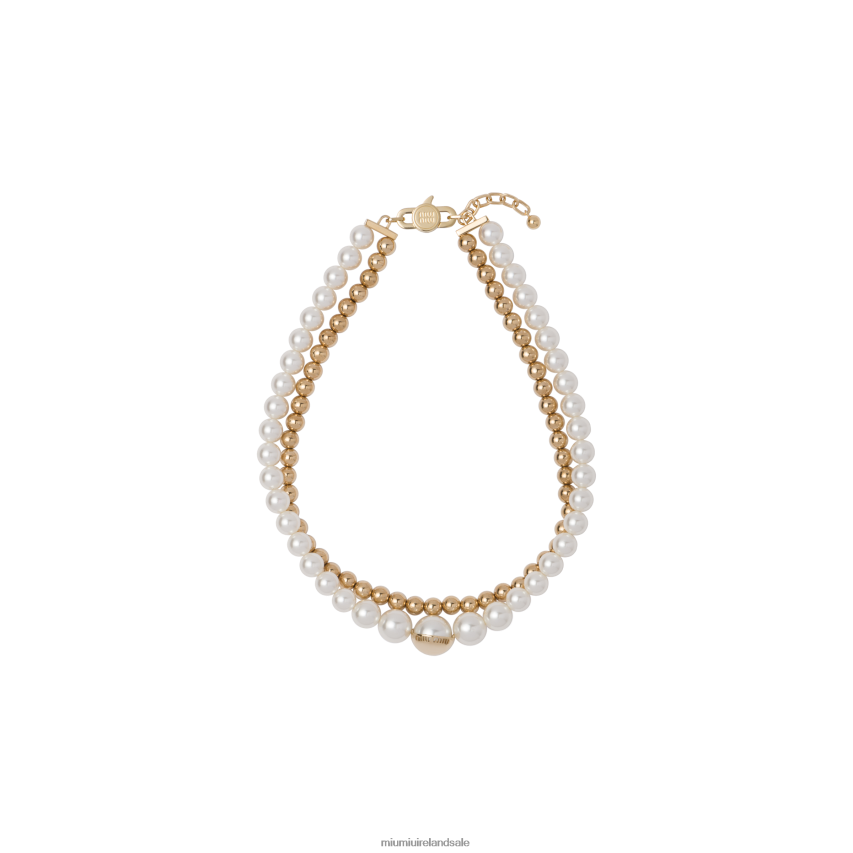 IE Miu MiuJewels Metal And Pearl Necklace Gold/Cream XJN62J1365