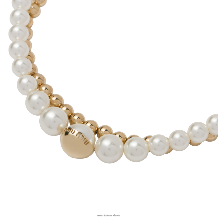 IE Miu MiuJewels Metal And Pearl Necklace Gold/Cream XJN62J1365