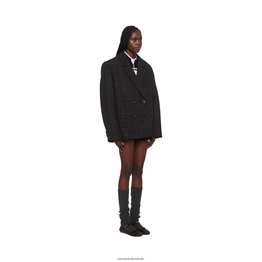 IE Miu MiuReady To Wear Double-breasted Plaid Jacket Ebony XJN62J506