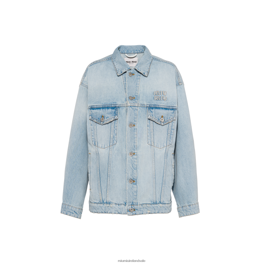 IE Miu MiuReady To Wear Embroidered Denim Blouson Jacket Light Blue XJN62J524