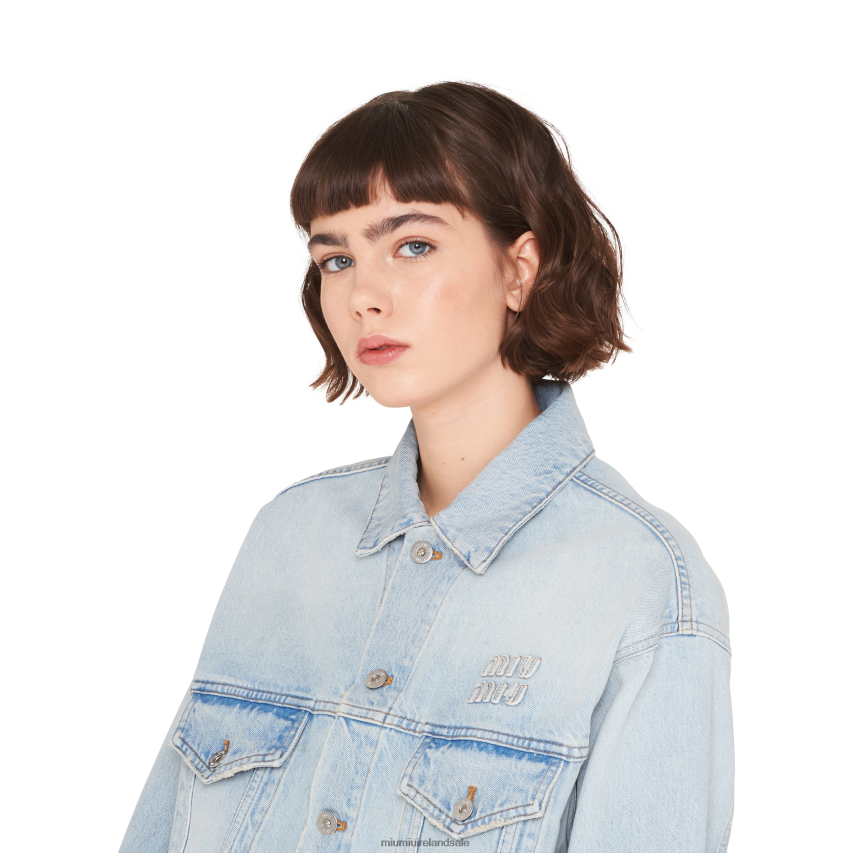 IE Miu MiuReady To Wear Embroidered Denim Blouson Jacket Light Blue XJN62J524