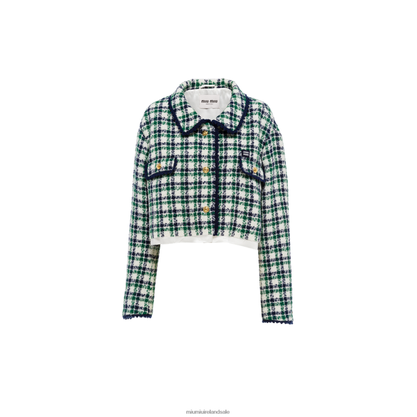 IE Miu MiuReady To Wear Single-breasted Check Tweed Jacket White/Green XJN62J517