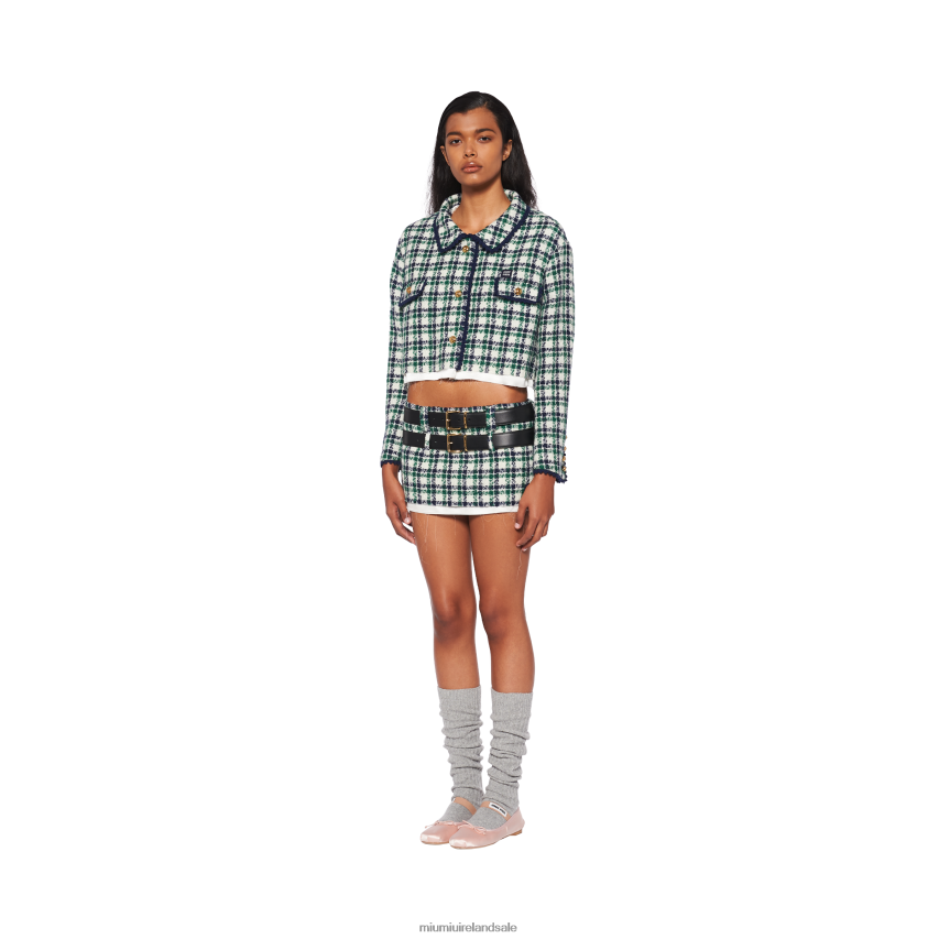 IE Miu MiuReady To Wear Single-breasted Check Tweed Jacket White/Green XJN62J517