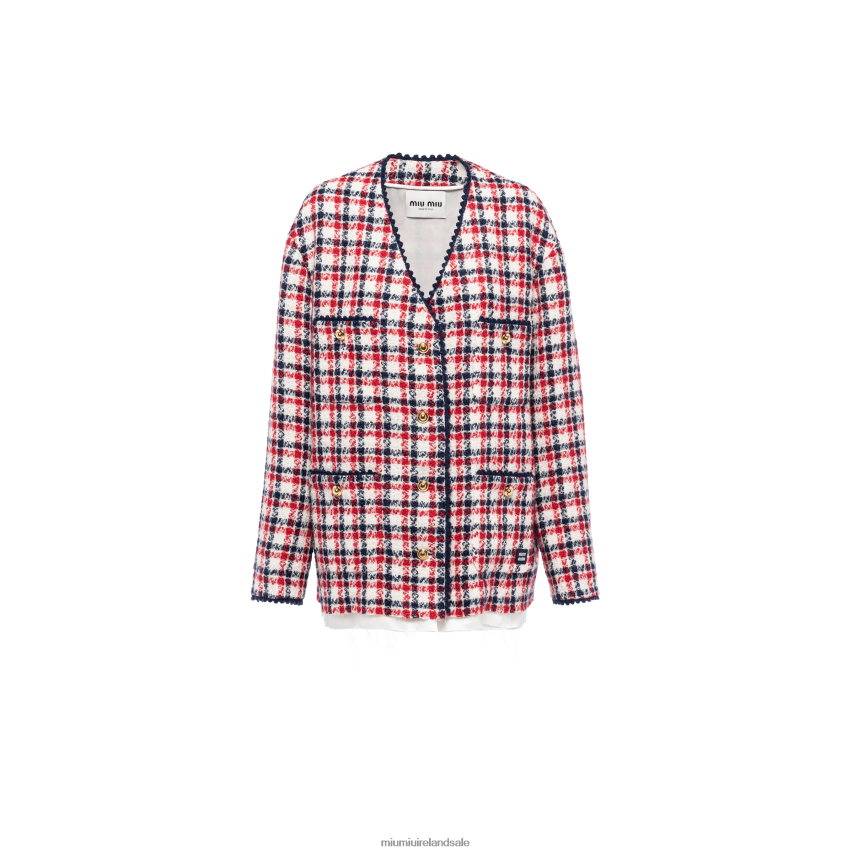 IE Miu MiuReady To Wear Single-breasted Check Tweed Jacket White/Red XJN62J518