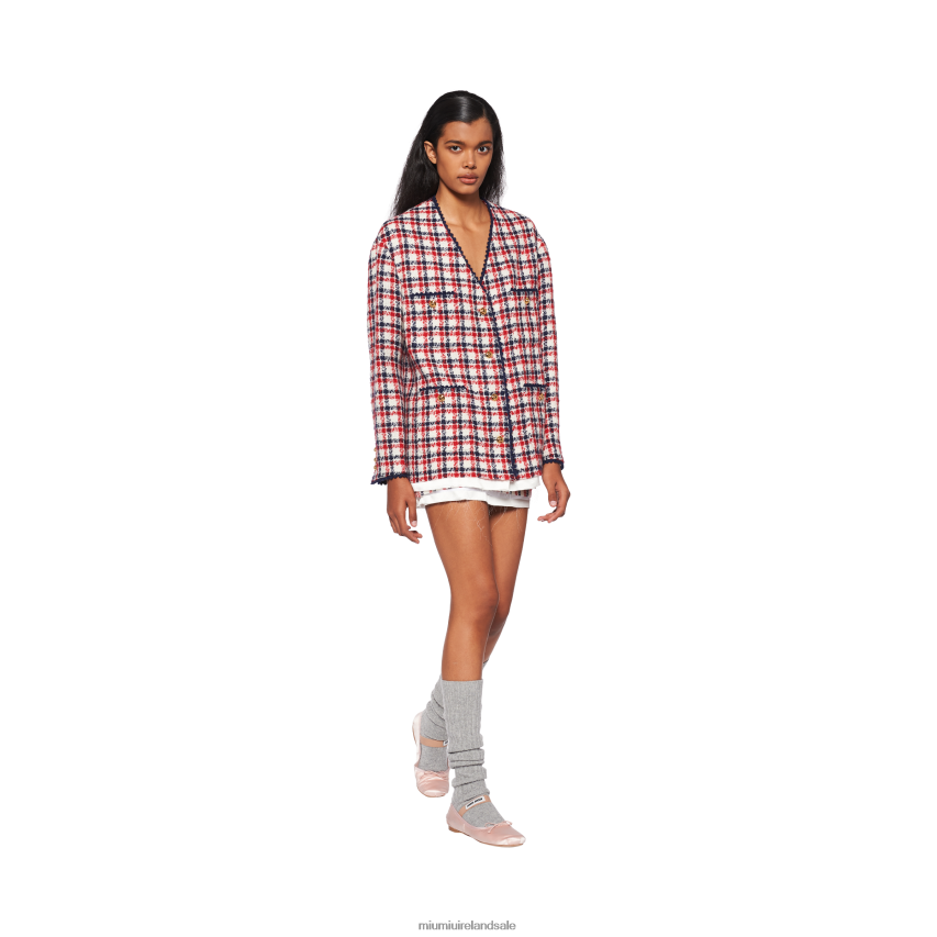 IE Miu MiuReady To Wear Single-breasted Check Tweed Jacket White/Red XJN62J518