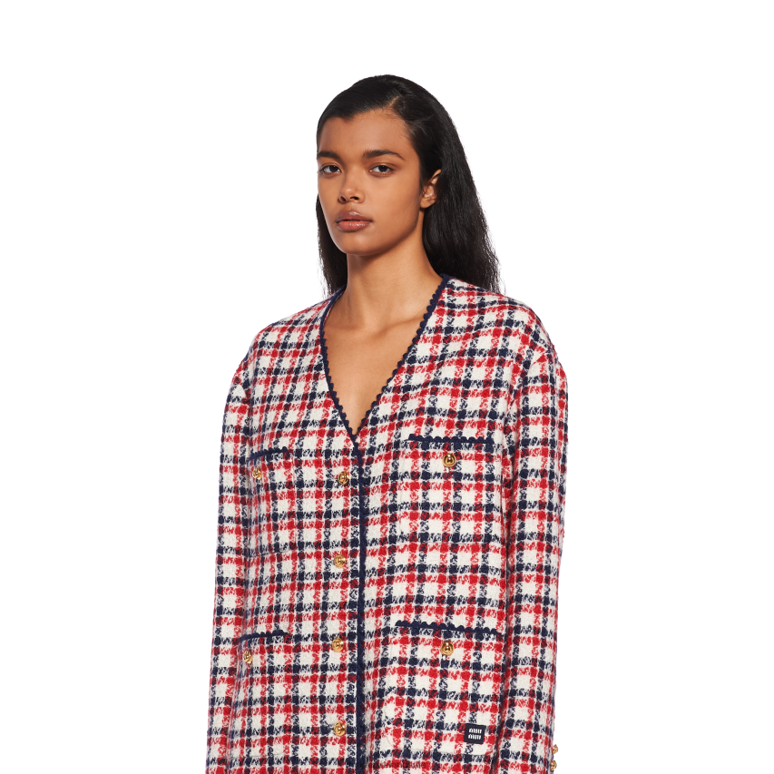 IE Miu MiuReady To Wear Single-breasted Check Tweed Jacket White/Red XJN62J518