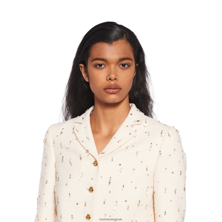 IE Miu MiuReady To Wear Single-breasted Embroidered Boucle Jacket Ivory XJN62J520
