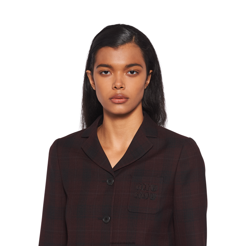 IE Miu MiuReady To Wear Single-breasted Plaid Jacket Burgundy XJN62J514
