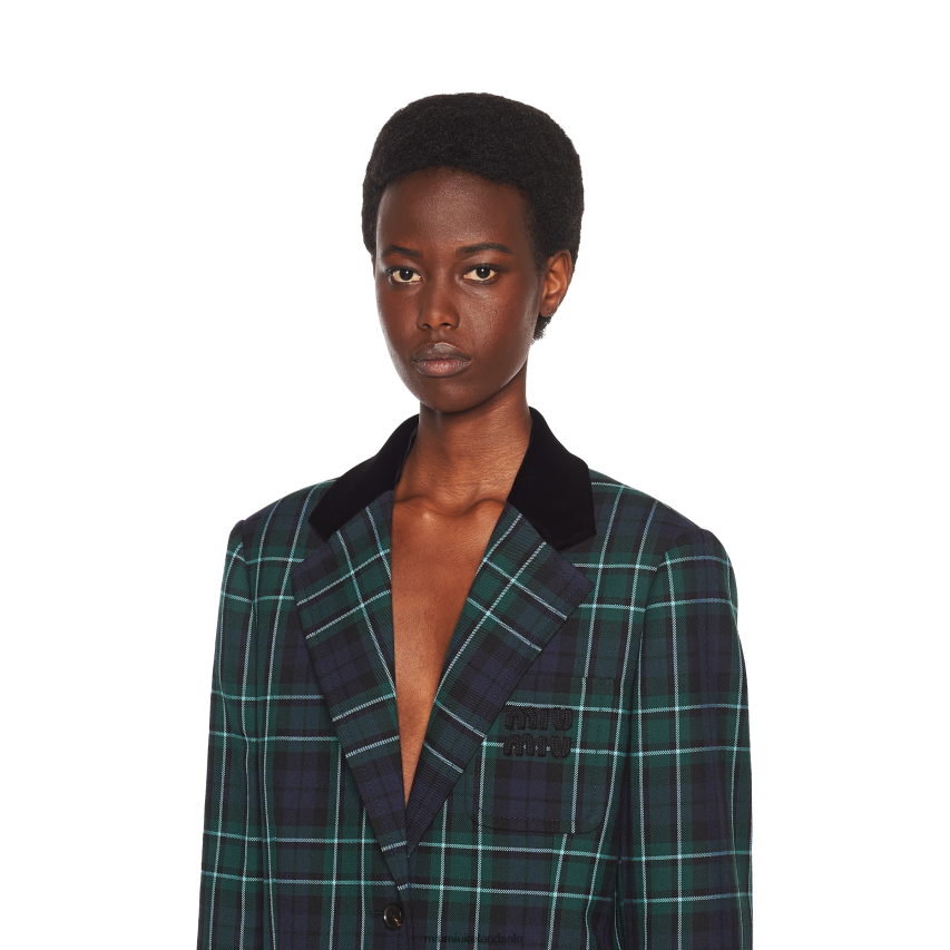 IE Miu MiuReady To Wear Single-breasted Plaid Jacket Navy XJN62J530