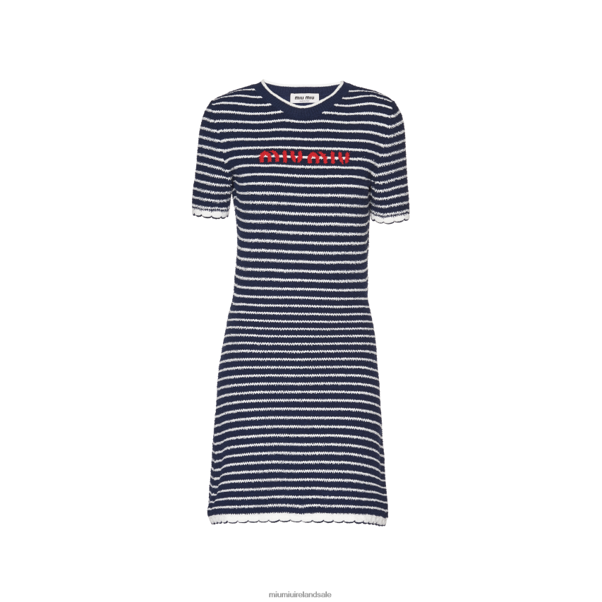 IE Miu MiuReady To Wear Boucle Cotton Crew-neck Mini-dress Blue/White XJN62J387