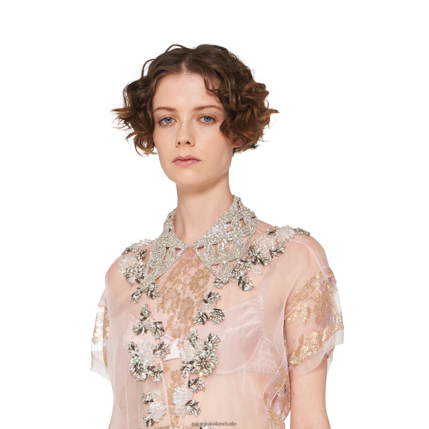IE Miu MiuReady To Wear Chantilly Lace Dress With Embroidered Collar Opal/Gold XJN62J422