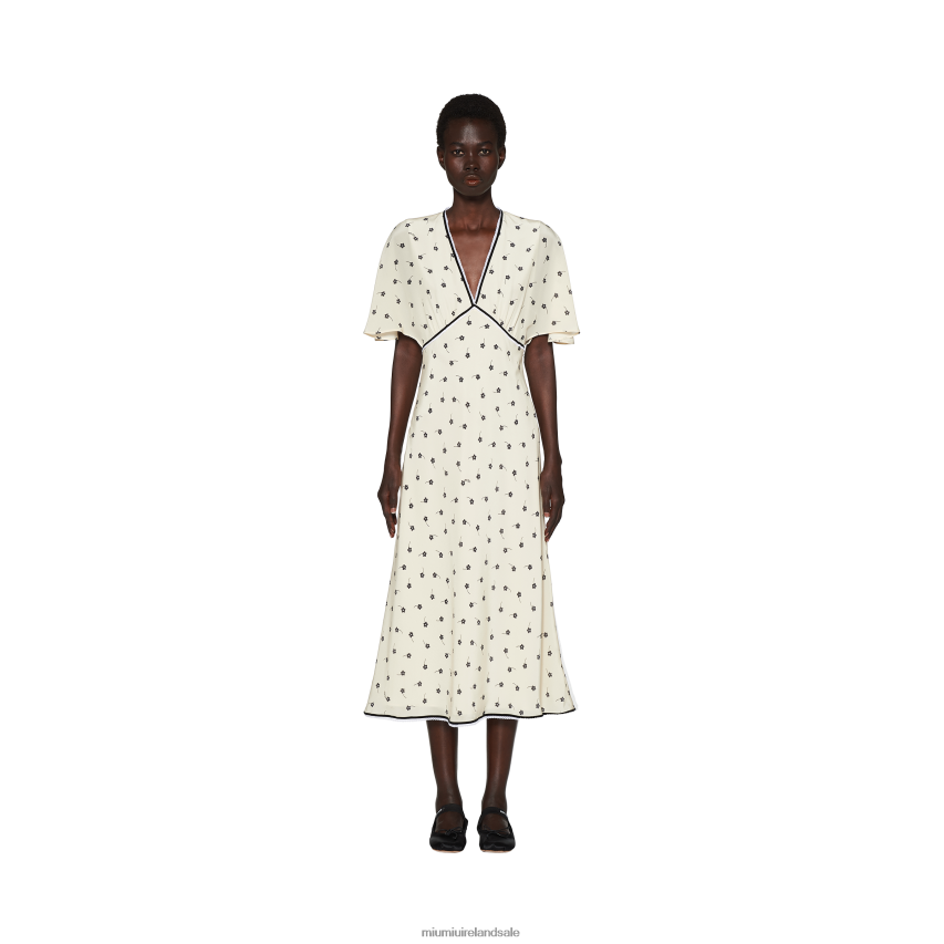 IE Miu MiuReady To Wear Crepe De Chine Midi Dress Ivory/Black XJN62J382