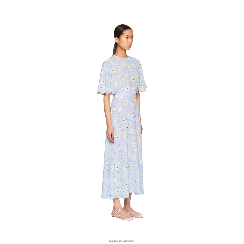 IE Miu MiuReady To Wear Crepe De Chine Midi-dress Light Blue/Ivory XJN62J383