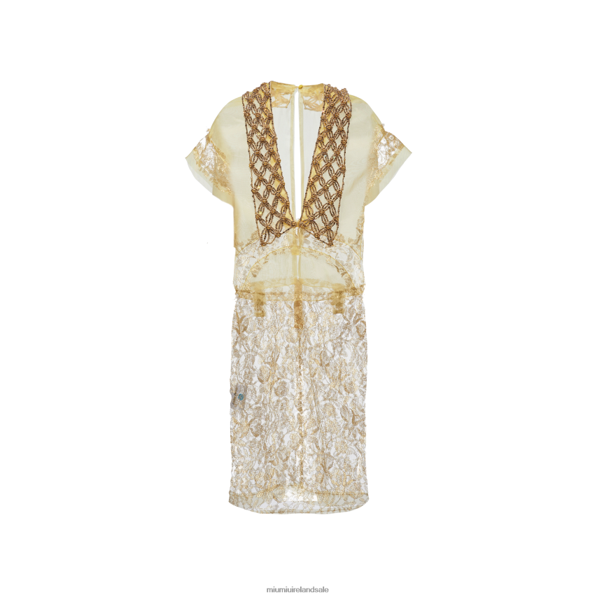 IE Miu MiuReady To Wear Embroidered Chantilly Lace Dress Gold XJN62J421