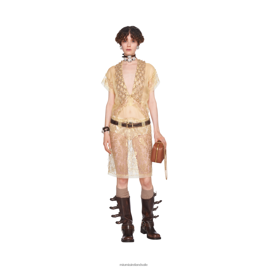 IE Miu MiuReady To Wear Embroidered Chantilly Lace Dress Gold XJN62J421