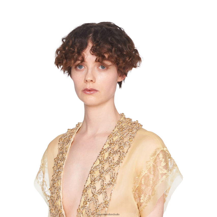 IE Miu MiuReady To Wear Embroidered Chantilly Lace Dress Gold XJN62J421