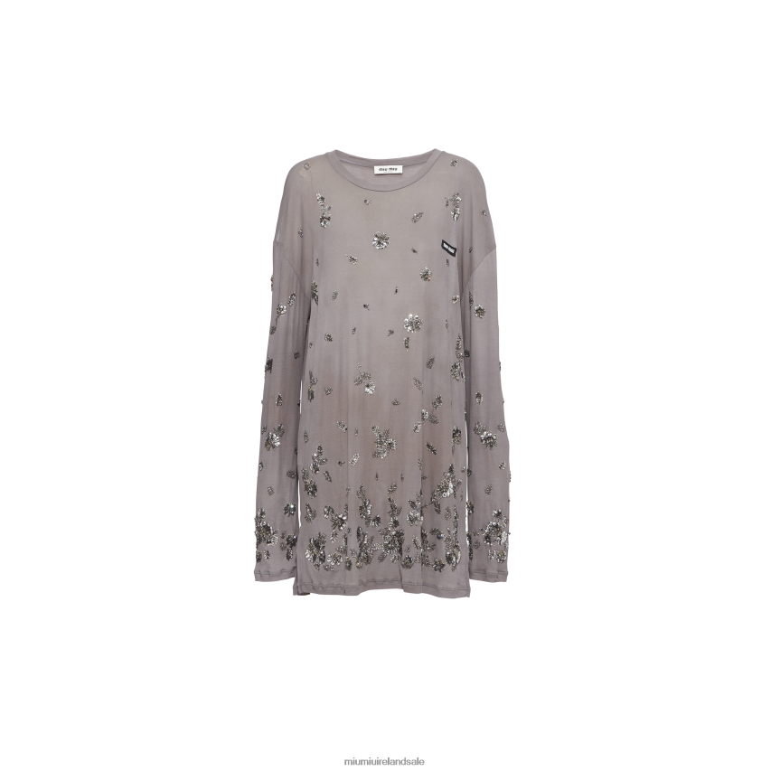 IE Miu MiuReady To Wear Embroidered Garment-dyed Ribbed Knit Jersey Dress Lead Gray XJN62J360