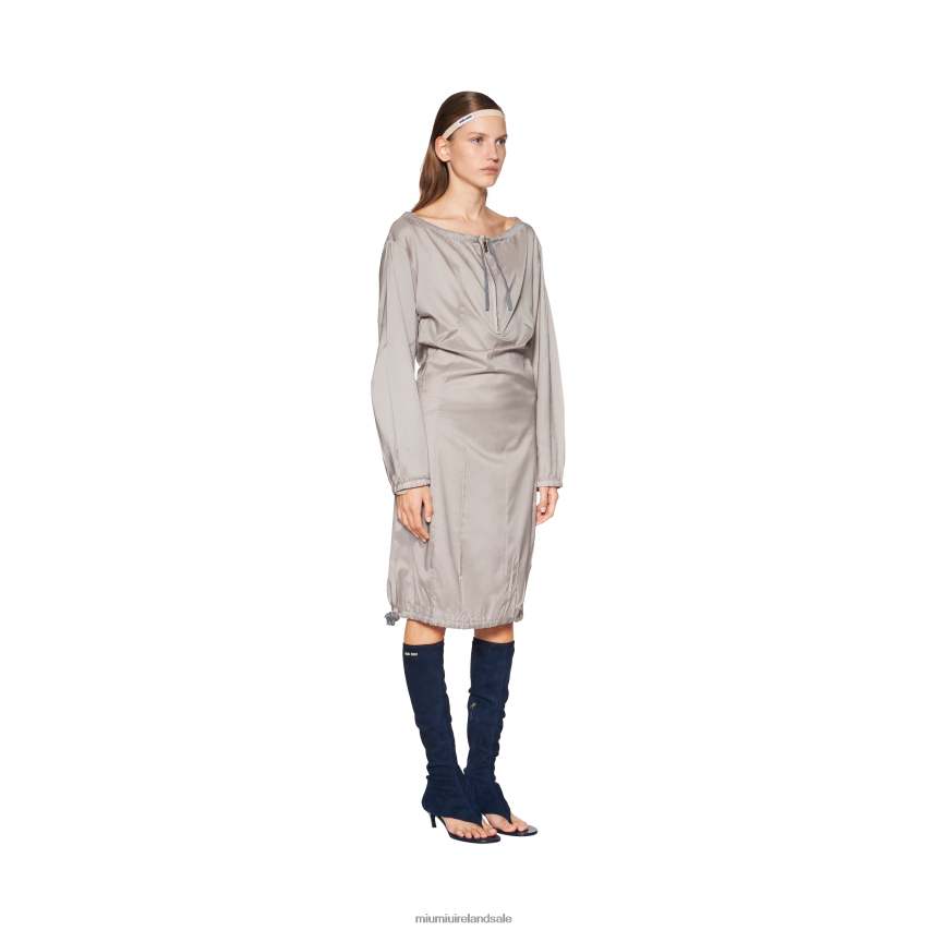 IE Miu MiuReady To Wear Long-sleeved Technical Silk Dress Cloudy Gray XJN62J365