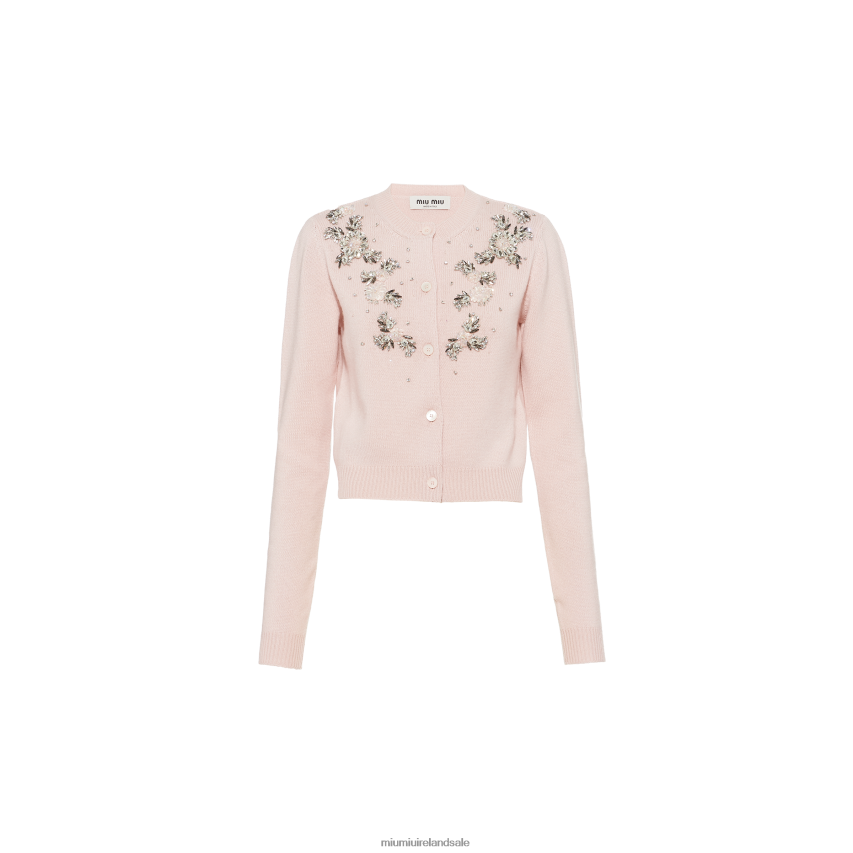 IE Miu MiuReady To Wear Embroidered Cashmere Cardigan Alabaster Pink XJN62J802