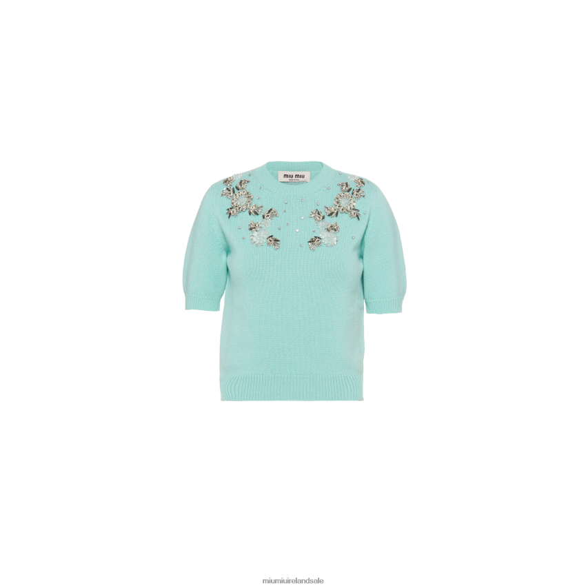 IE Miu MiuReady To Wear Embroidered Cashmere Sweater Aqua XJN62J805