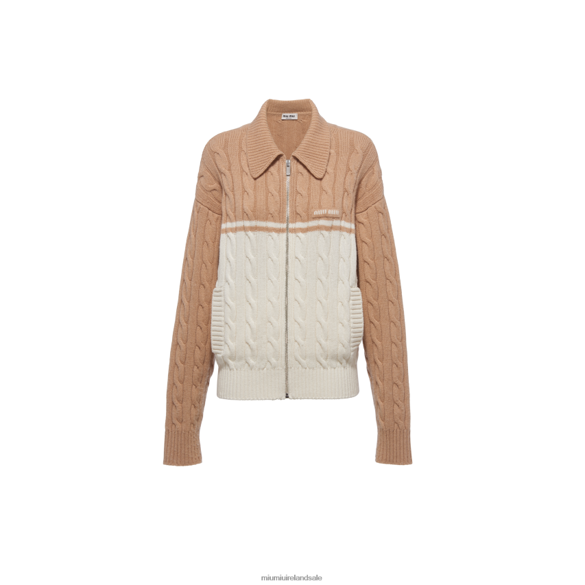 IE Miu MiuReady To Wear Oversized Wool And Cashmere Cardigan White/Camel Brown XJN62J794