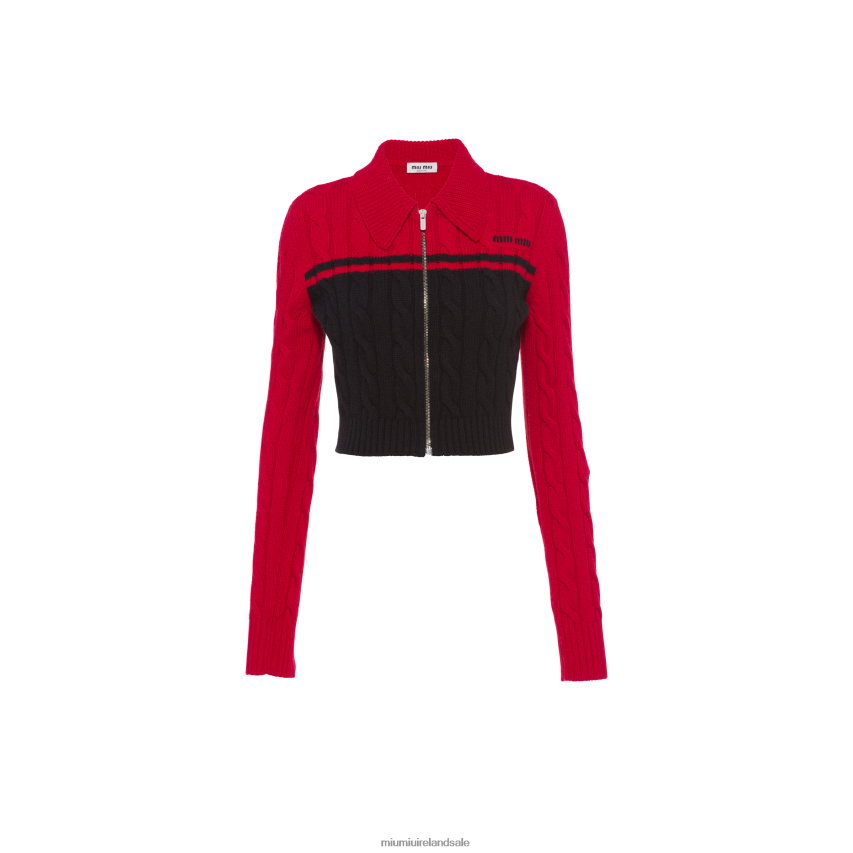 IE Miu MiuReady To Wear Wool And Cashmere Zipper Cardigan Black/Red XJN62J809