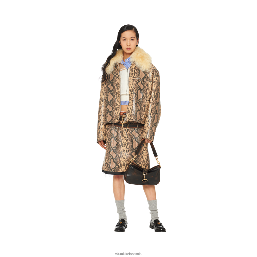 IE Miu MiuReady To Wear Python-print Leather Skirt Camel Brown XJN62J566